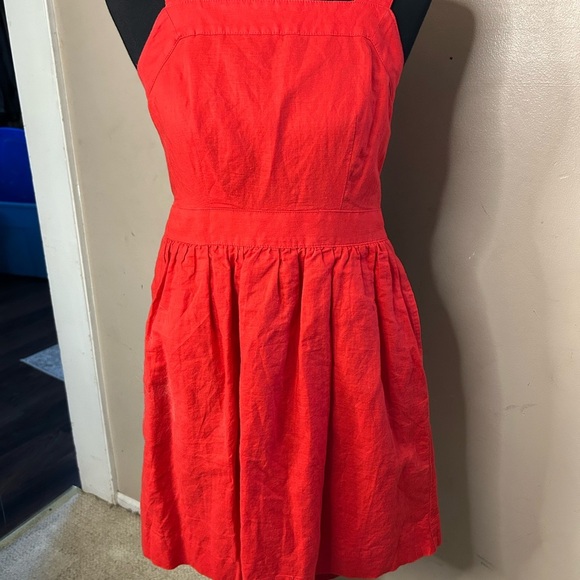 Women's J. Crew J0982 Red Linen Cotton Elastic Mini Apron Dress Size Small S - Picture 2 of 7